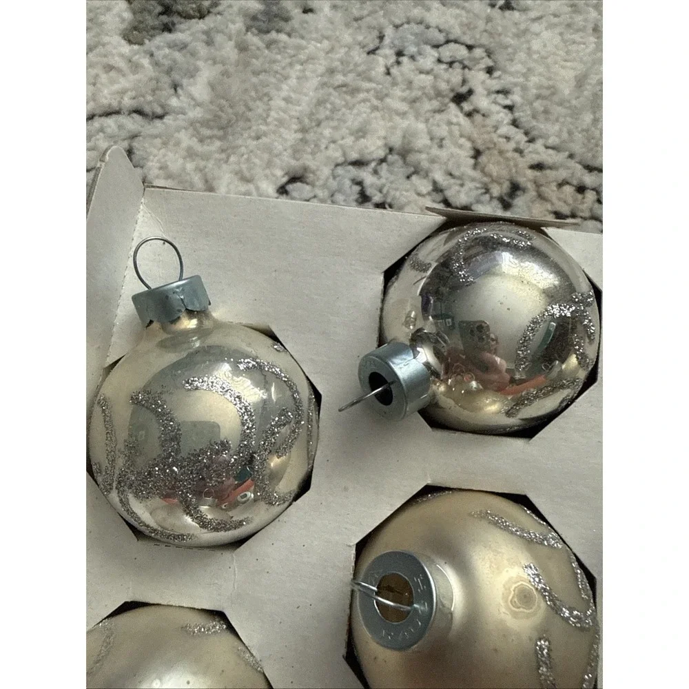 Vintage Pyramid Glass Christmas Ornaments Set of 10 Champagne Silver Glitter USA